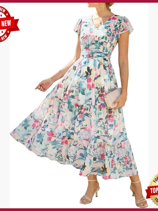 Dresses & Skirts - Maxi Dress with Pockets, V-Neck, Zipper Closure, Summer Formal Wear